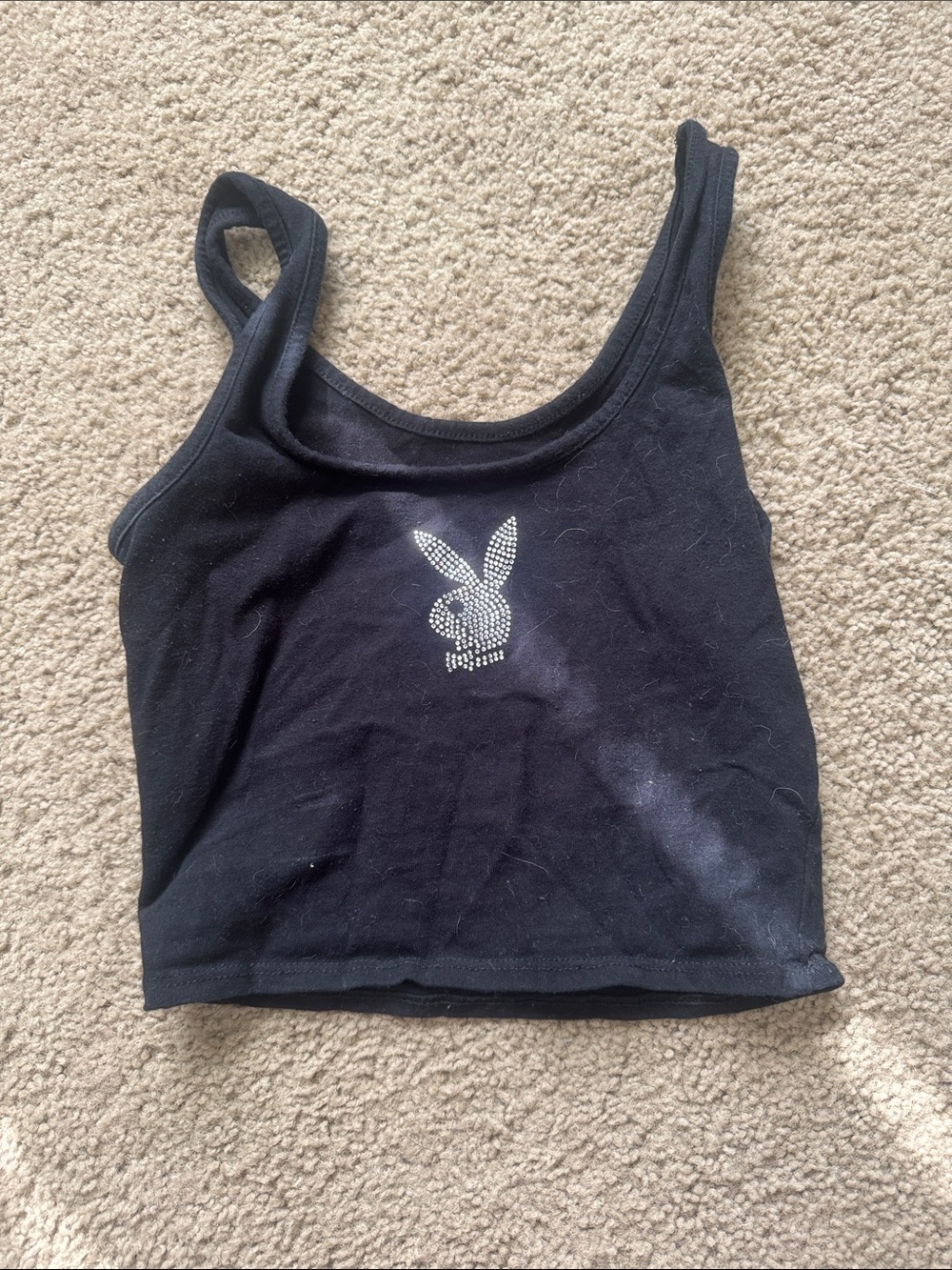 PLAYBOY Black Rhinestone Bunny Cropped Tank